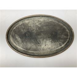 Agricultural copper corn funnel, H32.5cm, another similar copper funnel and copper warming platter of oval form, with twin handles on four supports, with removeable warming plate, L49cm