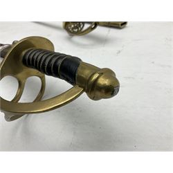 Reproduction American Civil War Cavalry trooper's sword, the 88cm slightly curving fullered steel blade marked to the ricasso 'Ames & Co Chicopee Mass.' and 'US ADK 1862'; brass hilt and leather covered grip; in steel scabbard L110cm overall;  and another reproduction sword (2)