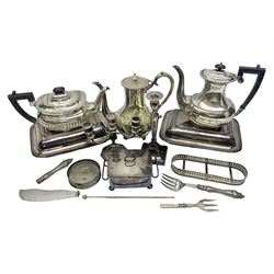 Silver-plated items, including small three branch candelabra, single candlestick, crumb tray with hallmarked silver ferrule and plastic handle, two tureens, teapot and two coffee pots, etc 