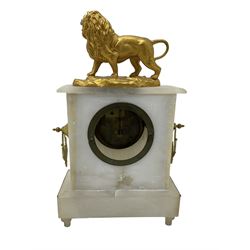 French - mid 19th century 8-day mantle clock in an alabaster case with a flat top surmounted by a gilded roaring lion, with side handles and ionic pilasters to the front, two part dial with a  recessed gilt centre, enamel chapter, Arabic numerals and spade hands, timepiece movement with pendulum and key.