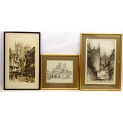  'Bootham Bar York', etching signed and tilted by J. W. King, York Minster, etching signed by Edward Slocombe (British 1850-1915) and 'York Minster from the East', etching indistinctly signed max 46cm x 31cm (3)  