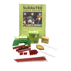 Subbuteo - table soccer game 'Continental Club Edition', booklet dated 1968/69; with boxed accessories including F.A. Cup; TV Tower; pitch flags; photographers, trainer and manager figures; additional goals; corner kickers; Match Score Recorder; Training Kit 'B'; etc