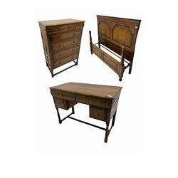 Mid 20th century figured oak bedroom furniture, comprising chest, fitted with five drawers; dressing table and double bedstead
