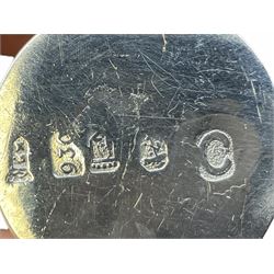 Cut glass perfume bottle of bellied form, the silver mounted cover with turquoise guilloche enamel top, hallmarked Henry Perkins & Sons, London 1927, together with a cut glass perfume bottle with silver mounted and yellow guilloche enamel lid, hallmarked Albert Carter, Birmingham 1950, Continental silver perfume bottle, of barrel form with embossed figural detail, stamped 930, scent bottle of bellied form with white metal foliate pierced overlay, amethyst glass scent bottle of flask form with foliate embossed white metal cover and suspension ring and chain, and three further examples, including one of ovoid form with painted decoration and silver cover, hallmarked for Birmingham.