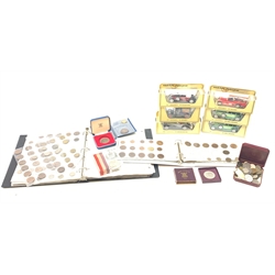 Six boxed Matchbox 'Models of yesteryear', King George VI 1951 Festival of Britain crown, Great British pre-decimal coins, World coins etc