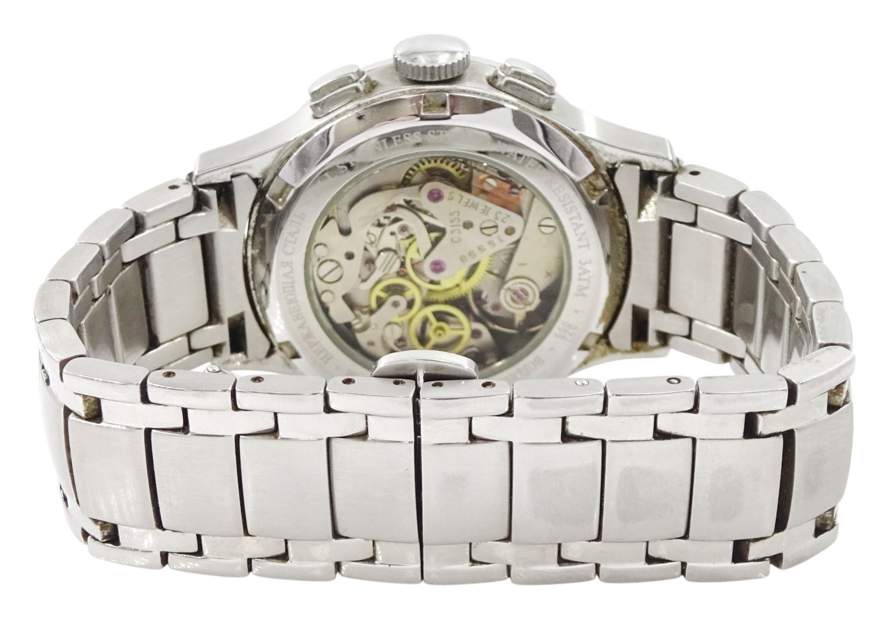 Strela Class 1 gentleman's stainless steel manual wind chronograph wristwatch, Cal. Poljot 3133, black dial with date aperture, on stainless steel steel bracelet, boxed