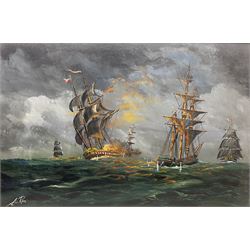 AW Ross (20th century): A Sea Battle, oil on board signed 59cm x 90cm