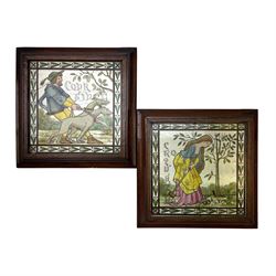 Pair of Victorian tiles, the first depicting a man with a pair of hunting dogs, the other ...