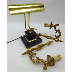 Bankers style brass desk lamp and two ornate gilt metal wall sconces, H30cm (3)  