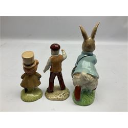 Six Beswick Beatrix Potter figures, comprising Miss Moppet, Tommy Brock, Peter Rabbit, Cecily Parsley, Mr Drake Puddle-Duck, Amiable Guinea Pig, together with four Royal Albert figures, Hunca Munca, Lady Mouse made a curtsy, Little Pig Robinson and Mr McGregor, all with printed mark beneath  (10)