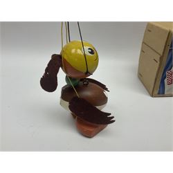 Pelham Puppet - three puppets comprising a painted wooden duck with felt mouth and wings with metal joints H12cm, in original box and instructions; and two further examples Type A cat with a hollow body H12cm, and a boy H23cm (3) 
