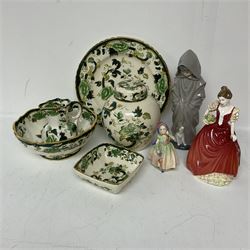 Two Royal Doulton figures, comprising Helen HN3886 and Babie HN1679, together with a Nao figures and a collection of Mason's Chartreuse pattern items 