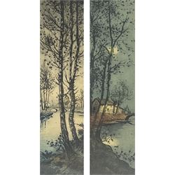 Continental School (20th century): Moonlit Riverscapes, pair coloured etchings indistinctly signed 22cm x 6cm (2)