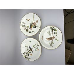 19th century Minton dessert service, comprising four comports, one tazza, and twelve plates, each hand painted with birds perched upon branches, and further detailed with insects and heightened in gilt, with printed retailers mark beneath for John Mortlock Oxford Street London, and impressed Minton mark to most, comport H13.5cm, plates D23.5cm. 
