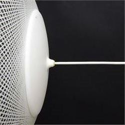 Moooi - NR2 pendant light, circular openwork shade formed from fine white threads in a complex woven lattice, enclosing an internal light source, suspended from a white cable and ceiling rose