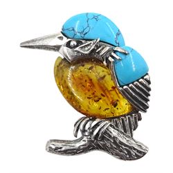 Silver turquoise and Baltic amber kingfisher brooch