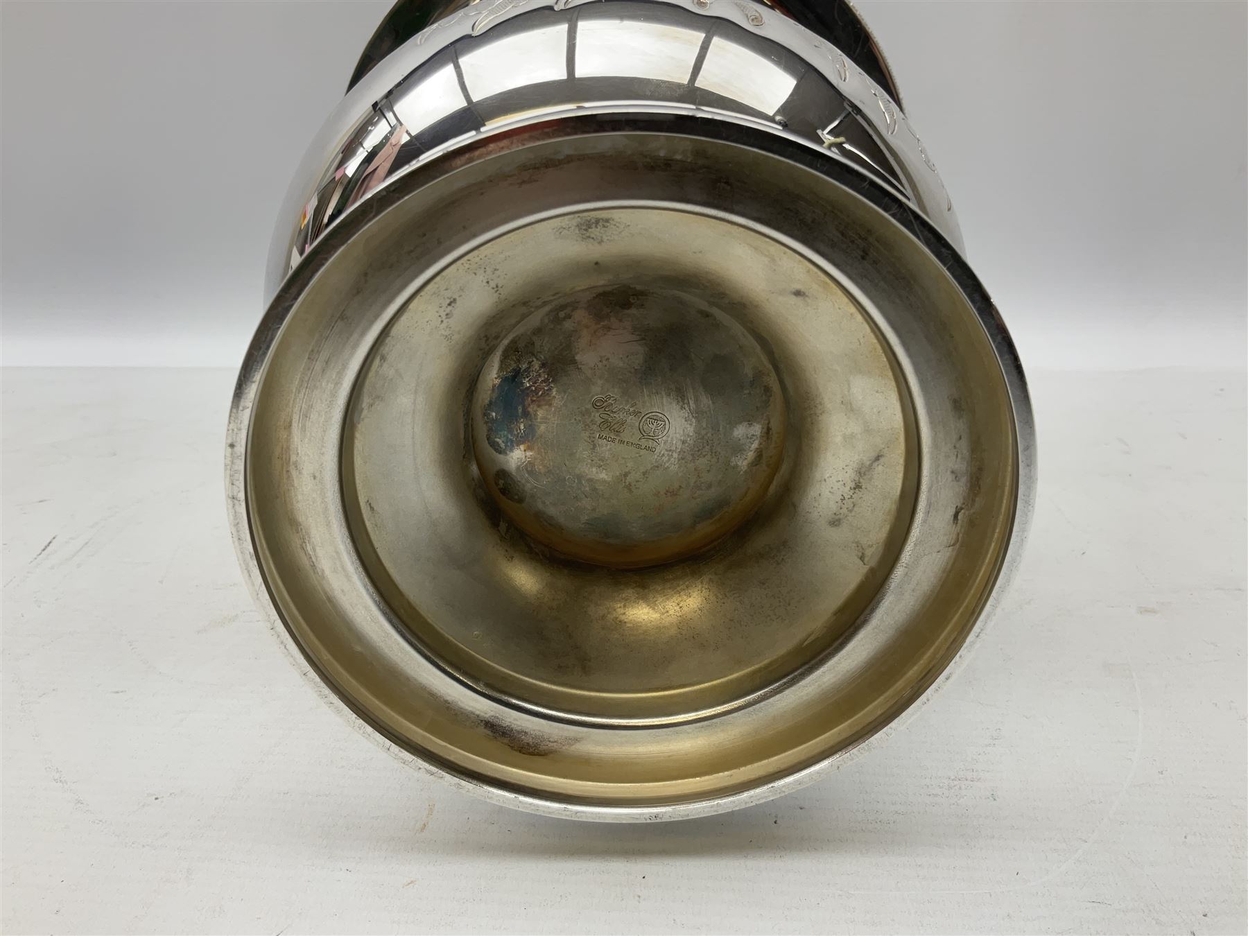 Silver plated Barker Ellis wine cooler of campagna form, the body of part fluted form with twin lion mask modelled handles, upon a circular foot, impressed mark beneath, H22.5cm 