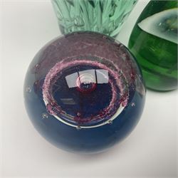 Pair of Victorian green glass dump paperweights with air bubble inclusions, together with Caithness paperweight and three other paperweights, dump H15cm