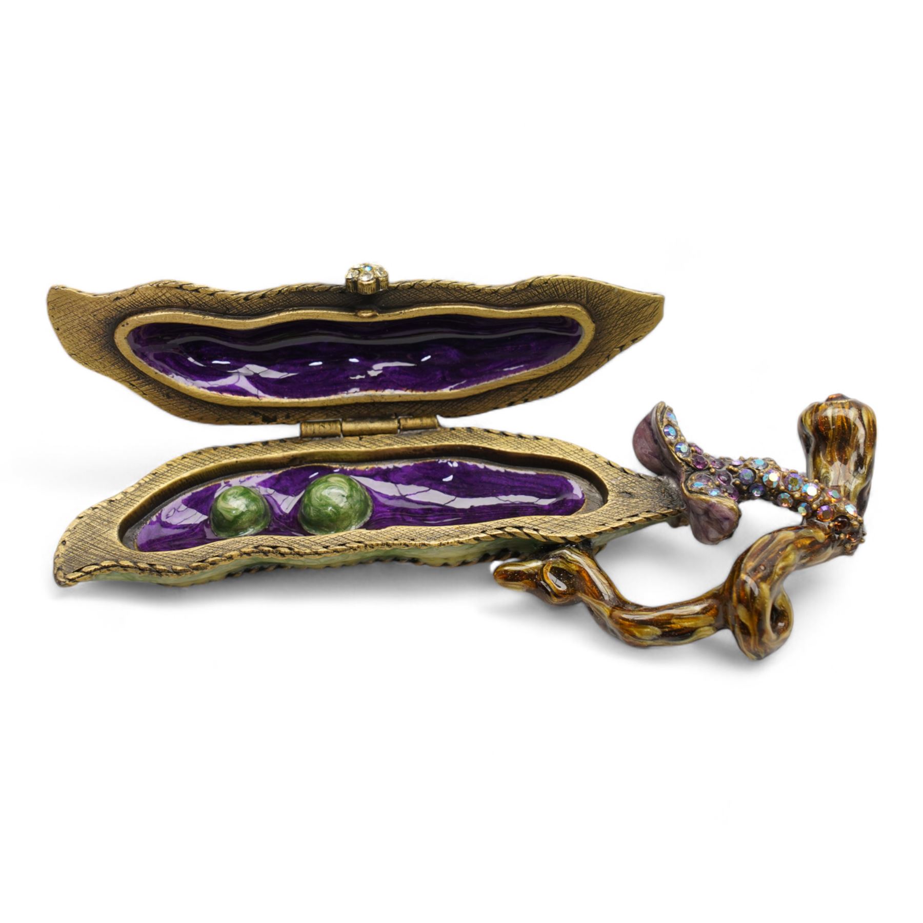 Jay Strongwater - 'Two Peas in a Pod' enamel trinket box, L11.5cm, frog brooch and small trinket box, decorated with a fly and trailing leaves, all set with Swarovski crystals (3)