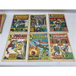 Collection of bronze age Marvel comics (1973-1976). Spider-Man Comics Weekly (1973-1976) nos 8-12, 14, 19-34, 75, 92, 95-97, 101-103, 106, 108, 109, 111, 115, 116, 121-132, 152, 155 and 156. Super Spider-Man with the Super-Heroes (1976) nos 161, 166-170, 177-182. The Mighty World of Marvel starring the Incredible Hulk (1974-1975) nos 102-04, 113-129 (excluding 115 and 120), 134, 135, 140, 143, 153-156, 158, 170, 172 and 182 (89)