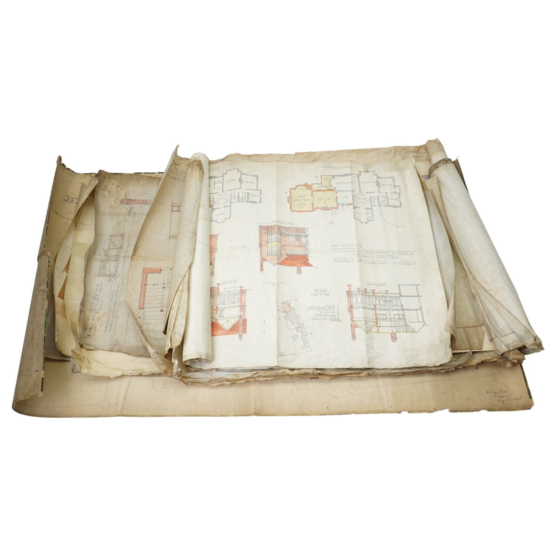 Large collection of mid 19th to early 20th century architectural designs and elevations , by Scorer and Gamble (William Scorer and Henry Gilbert Gamble) of Lincoln, to include Stairs House, Nettleham Road, Limefield Greetwell Road and others, dated 1863-1912