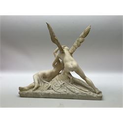 Alabasta figure group of an angel holding lightly draped female figure, H38cm. 