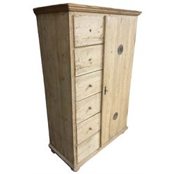 19th century stripped pine larder cupboard, fitted with a bank of six drawers and a single cupboard door with two vents enclosing four shelves, lower moulded edge over compressed bun feet