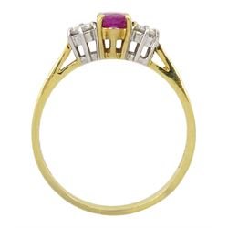 18ct gold three stone oval ruby and round brilliant cut diamond ring, London import mark 1998, total diamond weight approx 0.30 carat