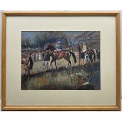 John Hatfield (British 1933-): 'The Gimcrack Stakes - Leaving the Paddock' York Races, oil and oil pastel signed and titled, artist's York address label verso 37cm x 50cm