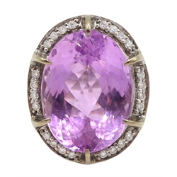 18ct white gold large oval kunzite and diamond cluster ring, hallmarked