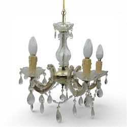 Mid-20th century glass and brass five branch chandelier, with glass drops and drip trays 