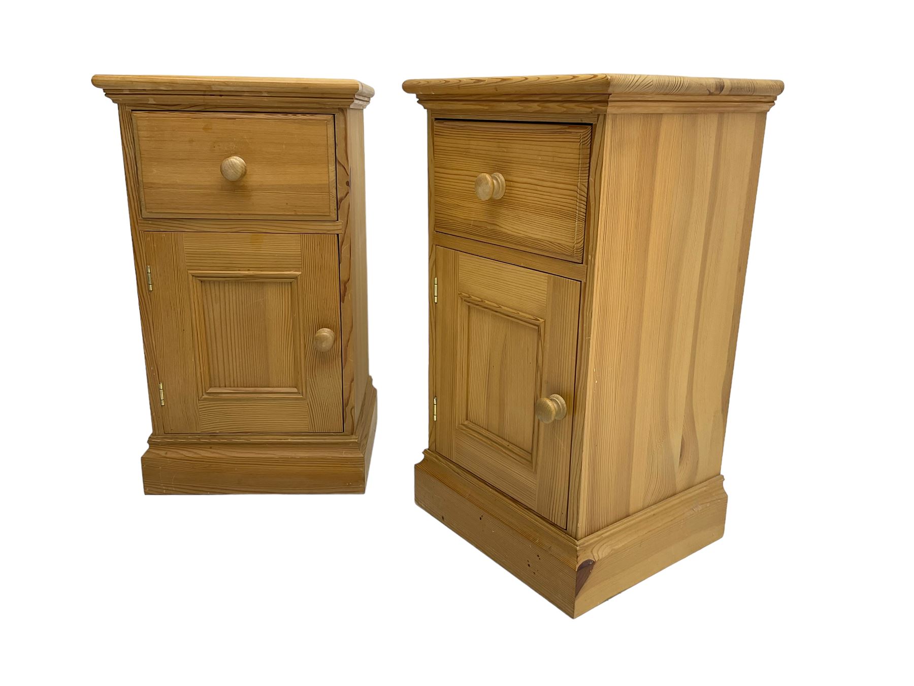 Pair traditional pine bedside cabinets, single drawer over cupboard