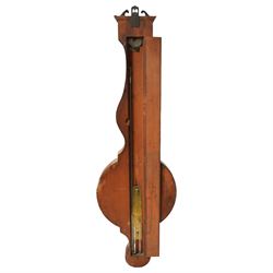 Zanetti of Manchester- late 19th century wheel barometer in a mahogany case with a break arch pediment, brass finial and rounded base, with a hydrometer, spirit bubble and boxed spirit thermometer, 12