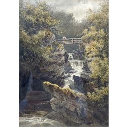 David Law  (Scottish 1831-1902): Figure on a Bridge over a Waterfall, watercolour signed and dated '76, 35cm x 25cm