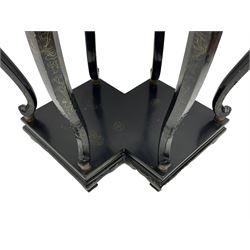 Chinese black lacquer double jardinière stand, the double-lozenge top painted with traditional landscape scenes within a gilt strung border, the pierced frieze with trailing foliate decoration and geometric patterns over the shaped projecting apron, supported on six cabriole supports united by a hexagonal undertier, raised on compressed spade feet