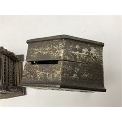 Five early 20th century cast-iron money banks as buildings - 'City Bank' c1904 H10cm; 'County Bank' c1905 H11cm; 'Town Hall Bank' c1900 H8.5cm; 'Tower Bank' c1902 H23.5cm; all made by John Harper; and 'Blackpool Tower Bank' c1907 by Chamberlain & Hill H18.5cm (5)
