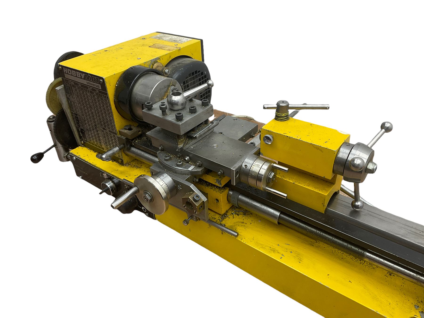 Hobbymat MD65 engineering and screw cutting lathe with built-in motor, Morse 2 taper headstock, Morse 1 taper tailstock , three jaw chuck, cross slide and four way tool post. With assorted accessories including dividing plates, slitting saws, roller filing rest, milling vice, centre steady and tailstock chuck. Height of centres 65mm, distance between centres 300m, turning diameter over carriage 62mm. lathe bed 500mm.