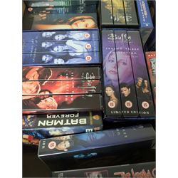 Collection of Sci-Fi and other classic film and TV VHS tapes, DVDs and Blu Rays, including Buffy, Doctor Who, Angel, etc, in four boxes