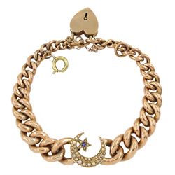 Victorian 9ct rose gold split pearl and sapphire crescent and star graduating curb link bracelet, the heart lock clasp by Charles Daniel Broughton, Birmingham 1899