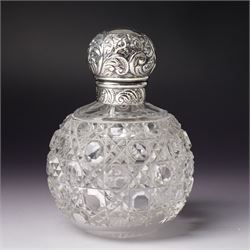 Five piece silver backed dressing table set Birmingham 1929 Maker Deakin & Francis Ltd and a Victorian glass globe scent flask with screw off silver cover  