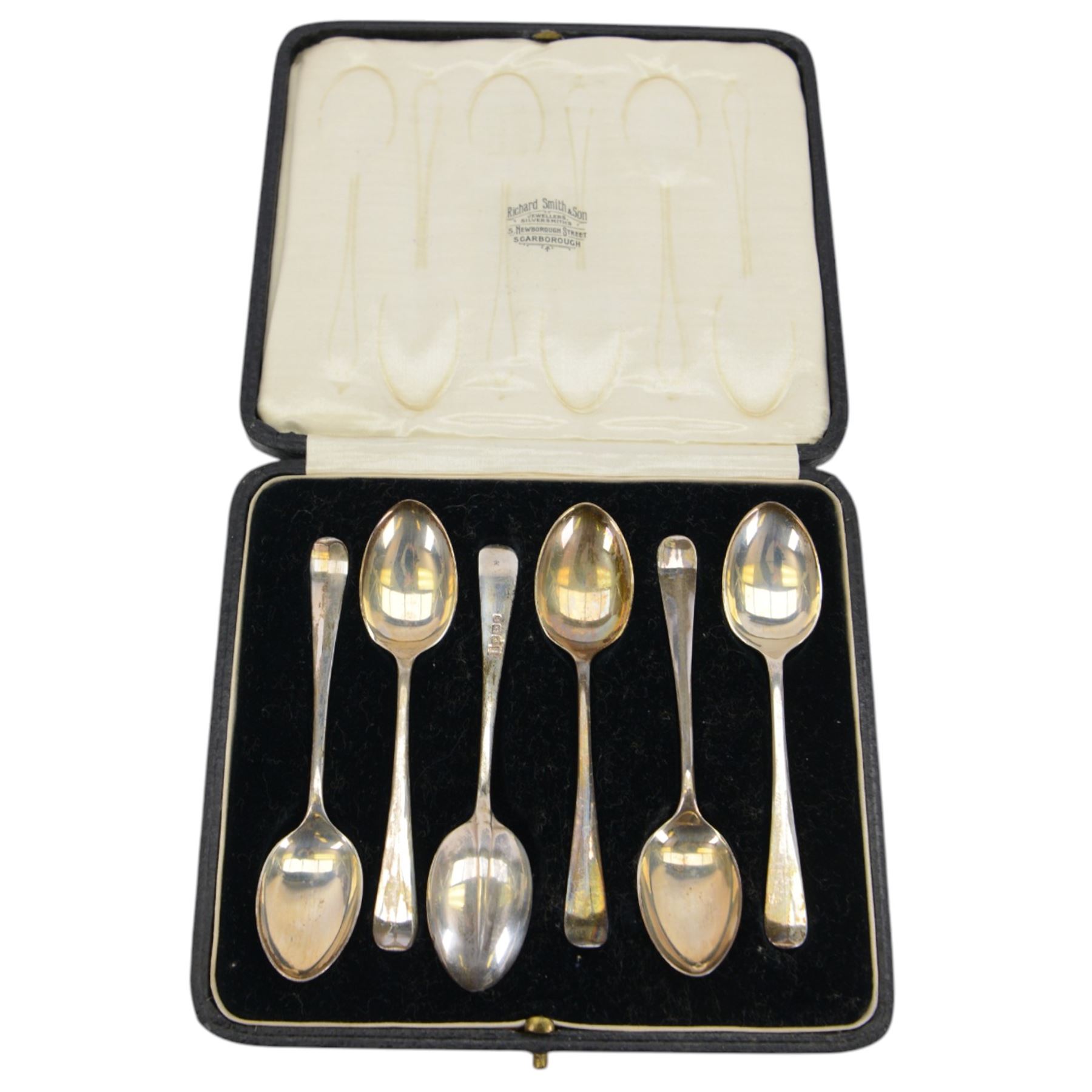 Danish silver demitasse spoon, stamped Georg Jensen, Sterling, Denmark, together with two sets of early 20th century silver coffee spoons, all hallmarked