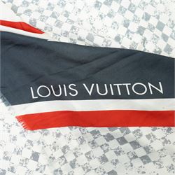 Louis Vuitton America’s Cup stole, the Damier-pattern ground with navy, red and white graphic panels, large ‘35’ motif and Louis Vuitton and America’s Cup lettering, fringed ends, label stamped Louis Vuitton Paris, 65% cotton and 35% silk, made in Italy, 201cm x 66cm