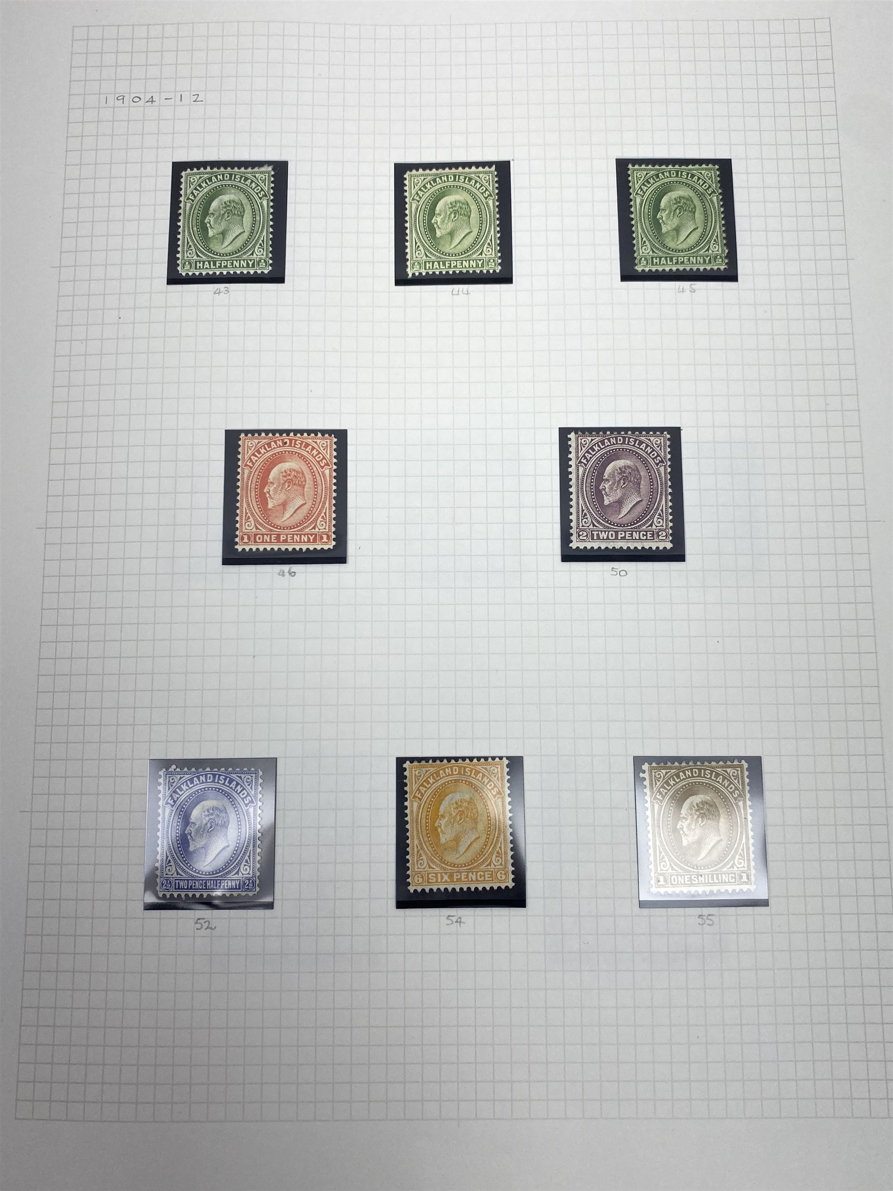 Falkland Islands, King Edward VII and later stamps, including 1904-12 values to one shilling unused, King George V 1912-20 values to five shillings unused etc, housed on pages