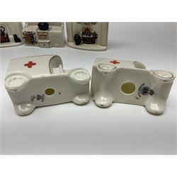 Ten WW1 crested china military models comprising seven field ambulances and three 'Home Fires Burning' fire-surrounds/range; various makers including Willow Art, Arcadian China, Grafton China, Savoy China, Carlton China etc; various crests including Devon, Aldershot, Portsmouth, West Ham, Coventry, Oxford, Hastings, Brighton etc (10)