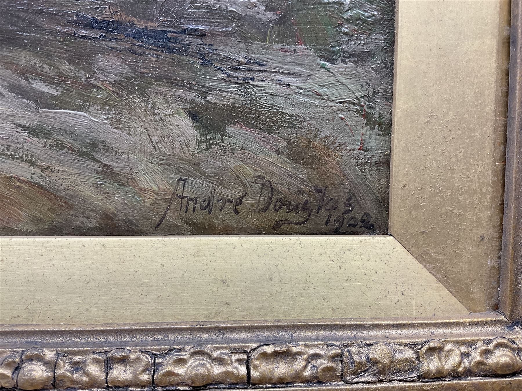 Andrew Douglas RSA (Scottish 1870-1935): Milking Time, oil on canvas signed 'André Douglas' and dated 1902, 26cm x 37cm