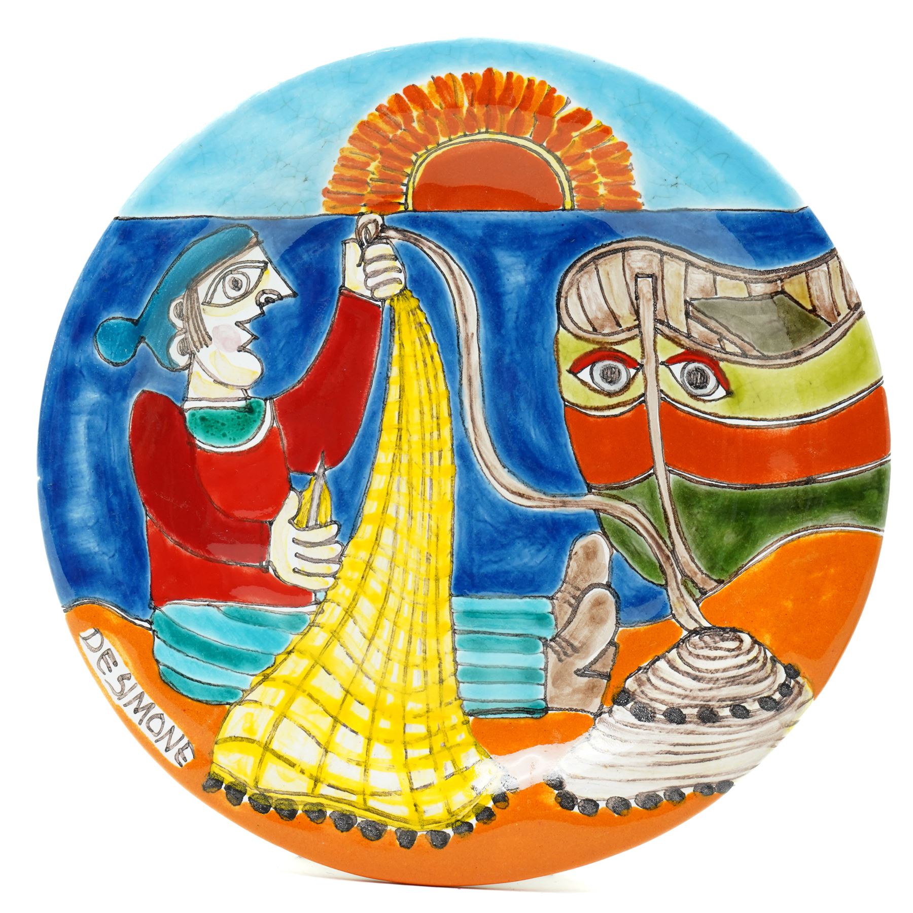 Giovanni DeSimone - two hand-painted mid-century plates, each incised and polychrome enamelled, signed to the front , larger plate D25cm