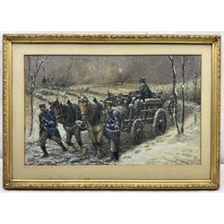 Fernand Désiré Louis Lantoine (French 1876-1955): Soldiers Travelling by Horse and Cart in the Snow, watercolour heightened in white signed 32cm x 51cm