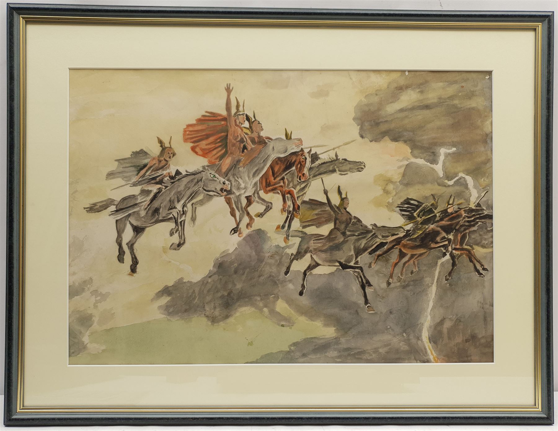 John Armstrong (British 1924-2018): Ride of the Valkyries, watercolour unsigned 37cm x 53cm; Eric Kincaid (British 1931-): 'The Japanese Princess', watercolour signed with initials, titled on exhibition label verso 16cm x 21cm (2) 
Provenance: Armstrong with Sulis Fine Art, label verso. Probably a sketch for a book illustration.