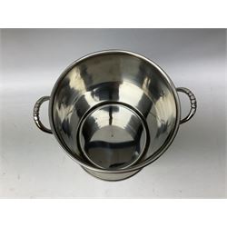 Lois Roederer champagne bucket of cylindrical form with twin handles, marked Lois Roederer monogram and detailed 'Louis Roederer Fonde en 1776', H24 D18cm