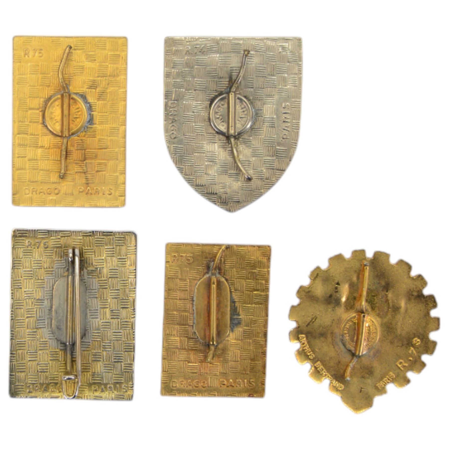 Five French Foreign Legion Kepi Blanc insignia, all marked Drago Paris to the reverse